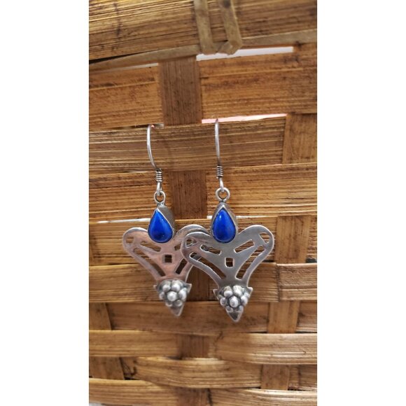 Vintage Silver Dangle Heart Shape Earrings With Lapis Lazuli S - Picture 4 of 10